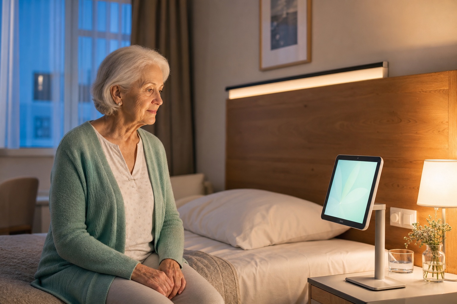 Bewohnerin erhält abends Orientierung über das Zimmer-Tablet