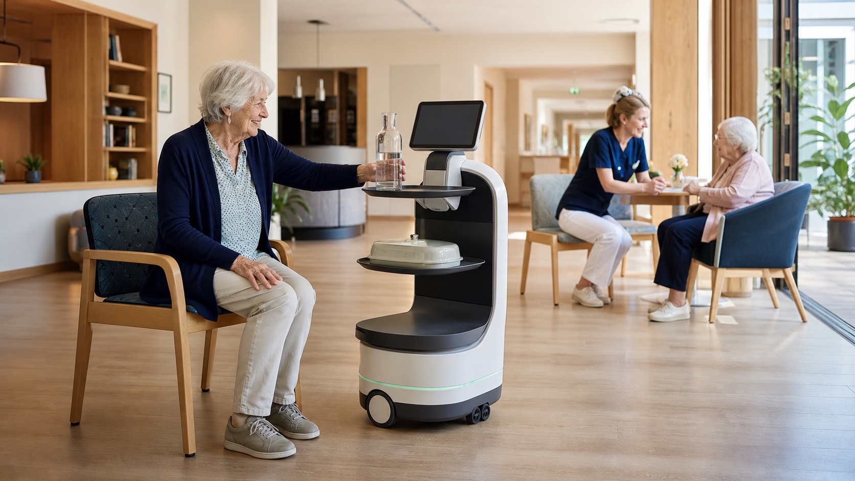 Service-Roboter bringt Wasser, während die Pflege Zeit für einen Menschen hat